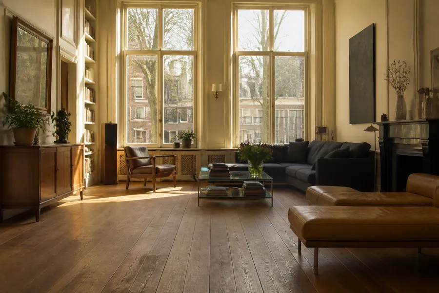 Sfeervolle woonkamer met een geoliede eiken houten vloer in warm avondlicht